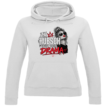 JA Zu hübsch für dein Drama – Damen-Hoodie in Arktisweiß, Vorderansicht, Frontdruck: Frau mit Sonnenbrille und rotem Kussmund: „Zu hübsch für dein Drama“