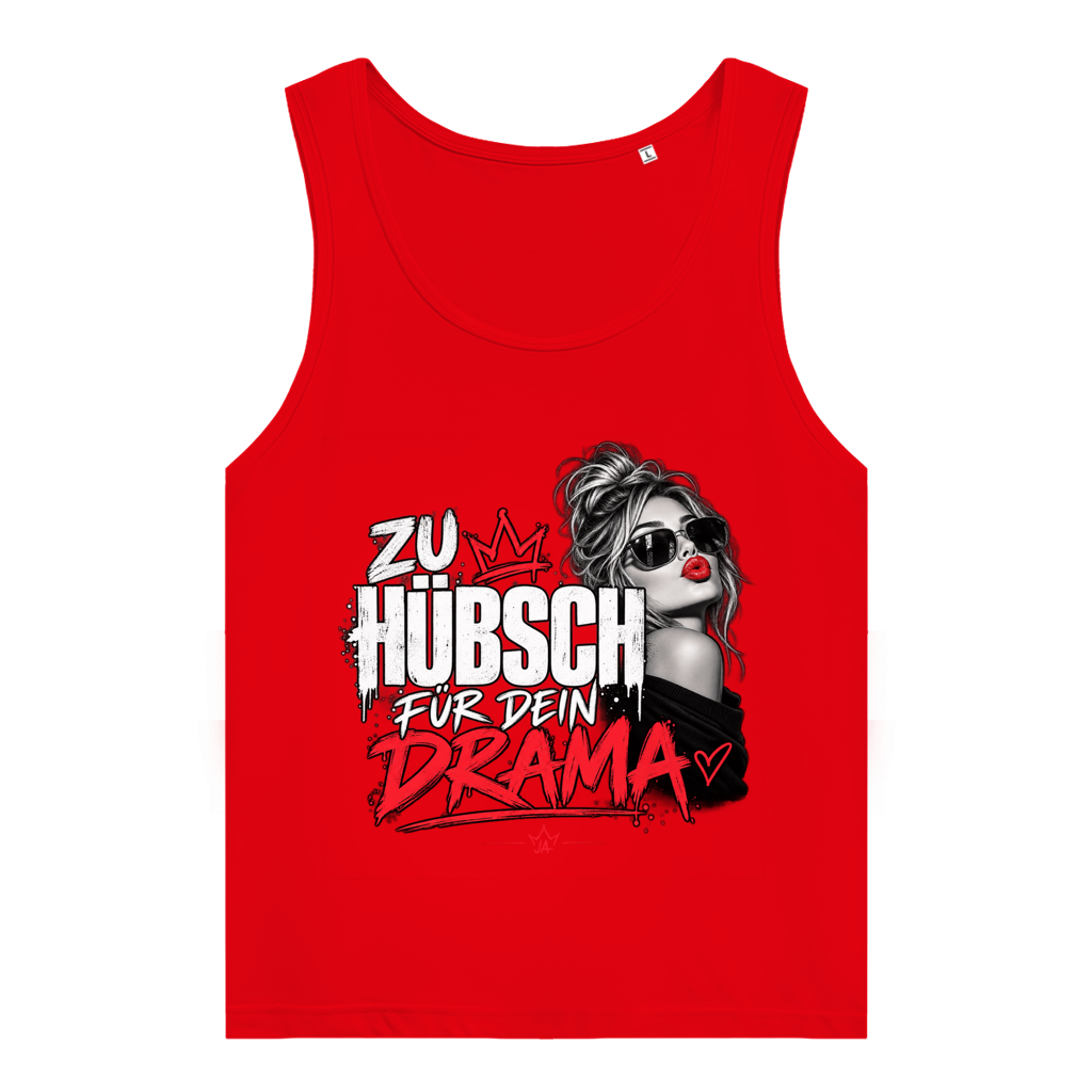 JA Zu hübsch für dein Drama – Damen-Bio-Tanktop in Rot, Vorderansicht, Frontdruck: Frau mit Sonnenbrille und rotem Kussmund: „Zu hübsch für dein Drama“