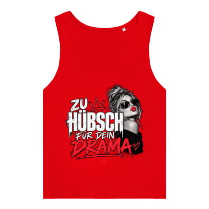 JA Zu hübsch für dein Drama – Damen-Bio-Tanktop in Rot, Vorderansicht, Frontdruck: Frau mit Sonnenbrille und rotem Kussmund: „Zu hübsch für dein Drama“
