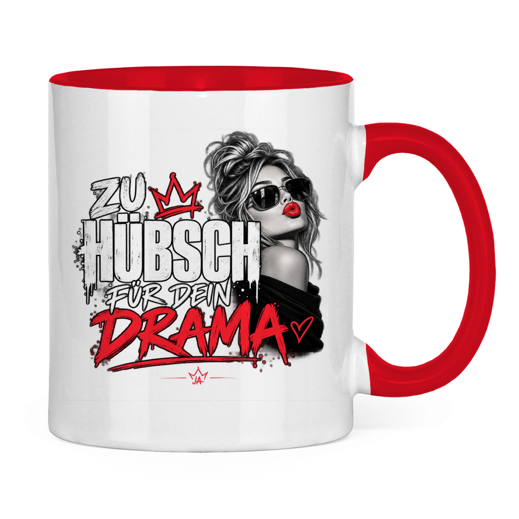 JA Zu hübsch für dein Drama – Tasse in Rot, Rückansicht, ebenfalls bedruckt