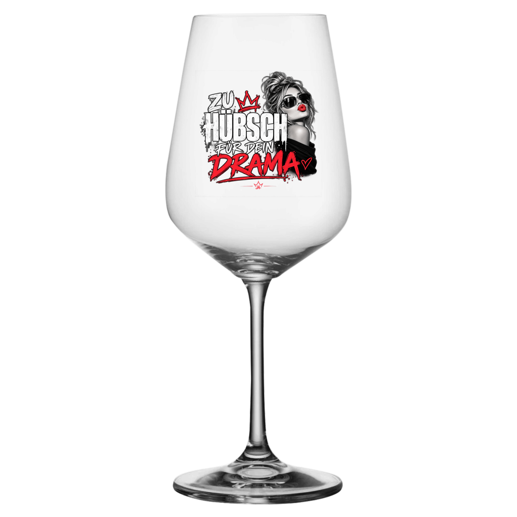 JA Zu hübsch für dein Drama – Weinglas in Weiß, Aufdruck: Frau mit Sonnenbrille und rotem Kussmund: „Zu hübsch für dein Drama“