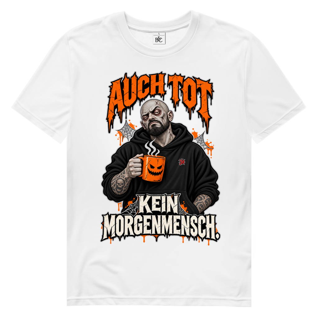 JA Morgenmuffel – Herren-Bio-T-Shirt in Weiß, Vorderansicht, Frontdruck: Müder Zombie mit Kaffeetasse: „Auch tot. Kein Morgenmensch.“