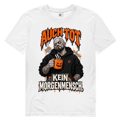 JA Morgenmuffel – Herren-Bio-T-Shirt in Weiß, Vorderansicht, Frontdruck: Müder Zombie mit Kaffeetasse: „Auch tot. Kein Morgenmensch.“