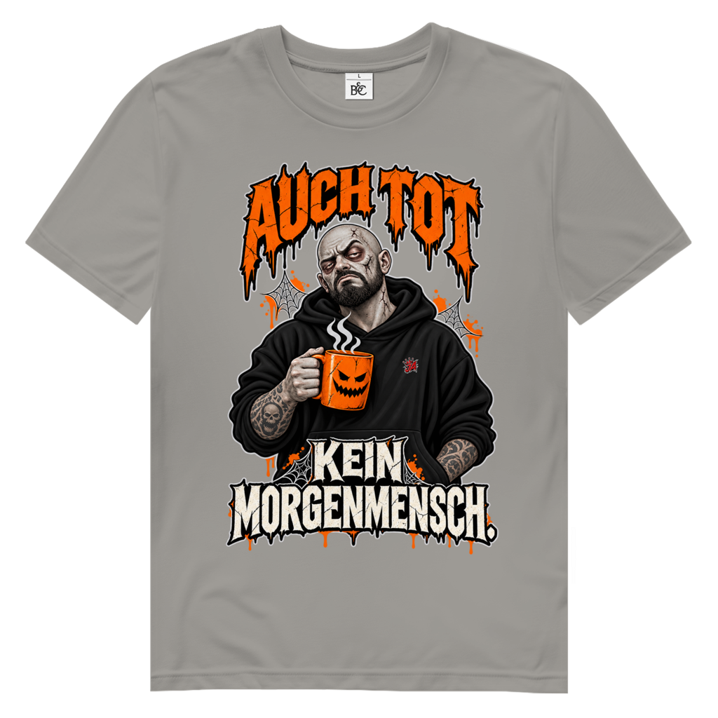 JA Morgenmuffel – Herren-Bio-T-Shirt in Hellgrau, Vorderansicht, Frontdruck: Müder Zombie mit Kaffeetasse: „Auch tot. Kein Morgenmensch.“