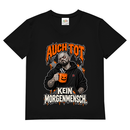 JA Morgenmuffel – Herren-V-Neck-Shirt in Schwarz, Vorderansicht, Frontdruck: Müder Zombie mit Kaffeetasse: „Auch tot. Kein Morgenmensch.“