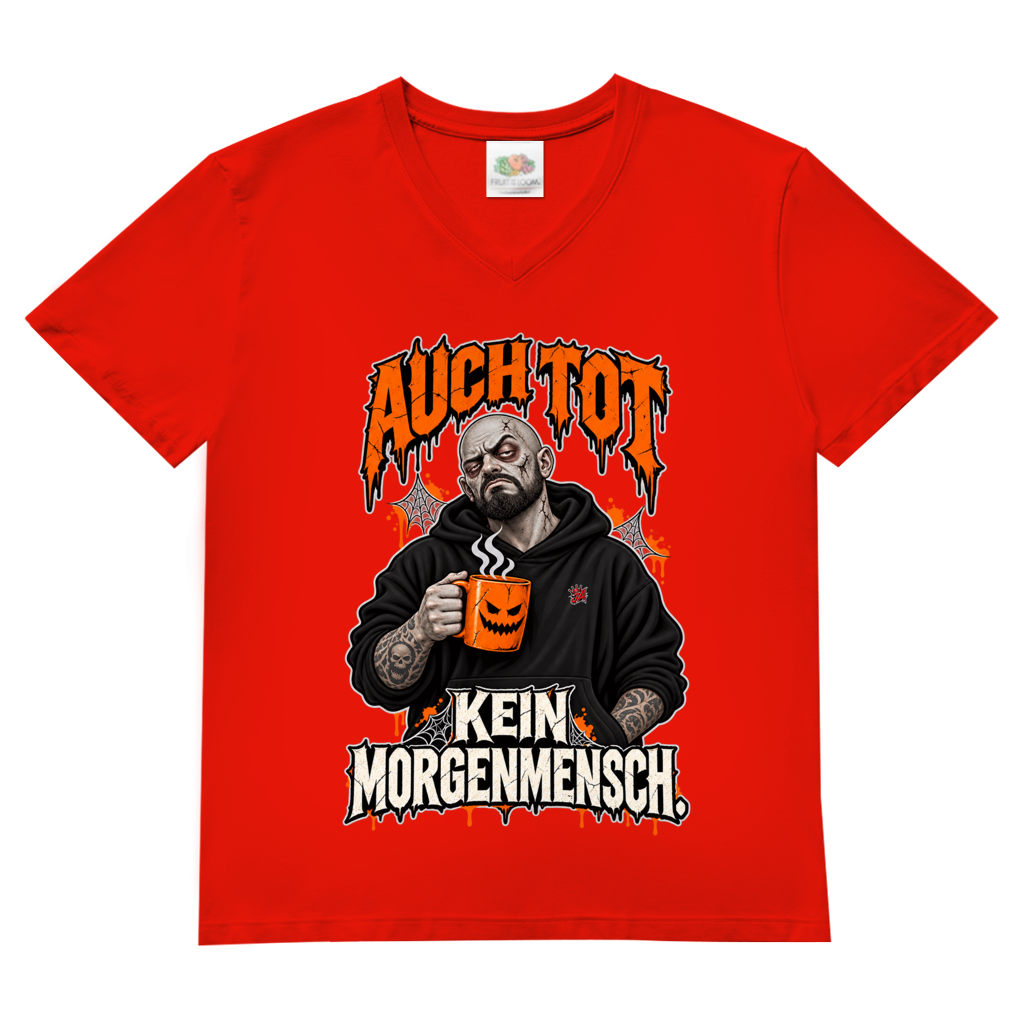 JA Morgenmuffel – Herren-V-Neck-Shirt in Rot, Vorderansicht, Frontdruck: Müder Zombie mit Kaffeetasse: „Auch tot. Kein Morgenmensch.“