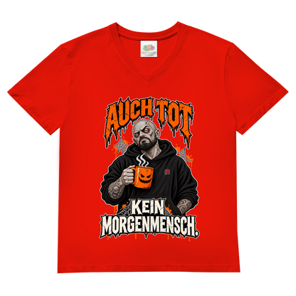 JA Morgenmuffel – Herren-V-Neck-Shirt in Rot, Vorderansicht, Frontdruck: Müder Zombie mit Kaffeetasse: „Auch tot. Kein Morgenmensch.“