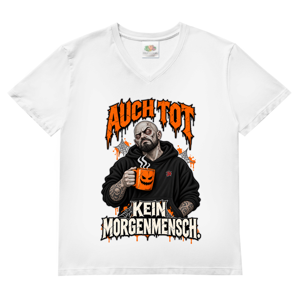 JA Morgenmuffel – Herren-V-Neck-Shirt in Weiß, Vorderansicht, Frontdruck: Müder Zombie mit Kaffeetasse: „Auch tot. Kein Morgenmensch.“