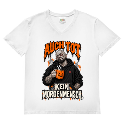 JA Morgenmuffel – Herren-V-Neck-Shirt in Weiß, Vorderansicht, Frontdruck: Müder Zombie mit Kaffeetasse: „Auch tot. Kein Morgenmensch.“