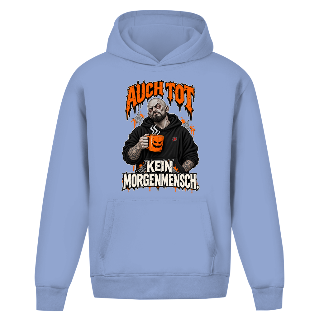 JA Morgenmuffel – Oversize-Hoodie in Puderblau, Vorderansicht, Frontdruck: Müder Zombie mit Kaffeetasse: „Auch tot. Kein Morgenmensch.“