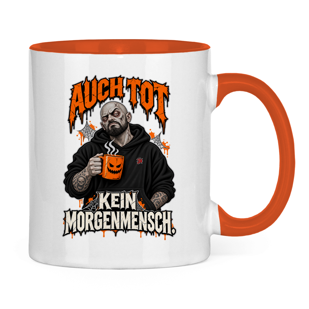 JA Morgenmuffel – Tasse in Orange, Rückansicht, ebenfalls bedruckt