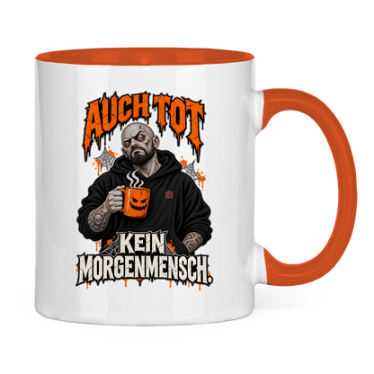 JA Morgenmuffel – Tasse in Orange, Rückansicht, ebenfalls bedruckt
