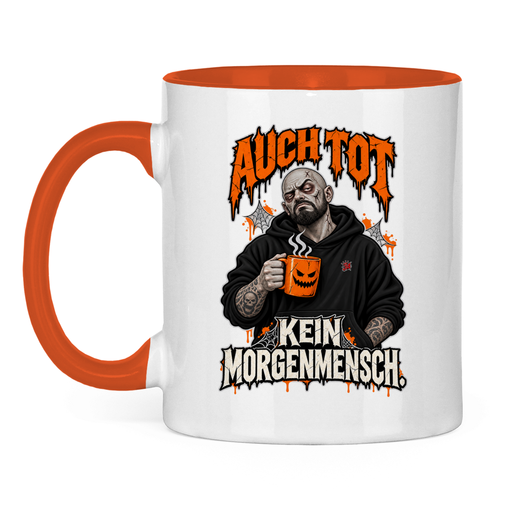 JA Morgenmuffel – Tasse in Orange, Vorderansicht, Aufdruck: Müder Zombie mit Kaffeetasse: „Auch tot. Kein Morgenmensch.“