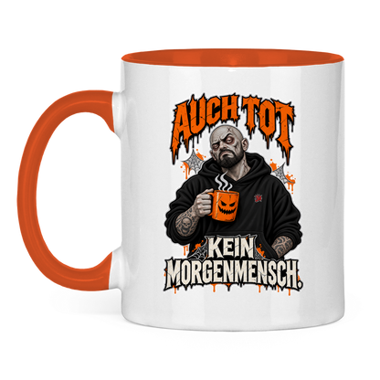 JA Morgenmuffel – Tasse in Orange, Vorderansicht, Aufdruck: Müder Zombie mit Kaffeetasse: „Auch tot. Kein Morgenmensch.“
