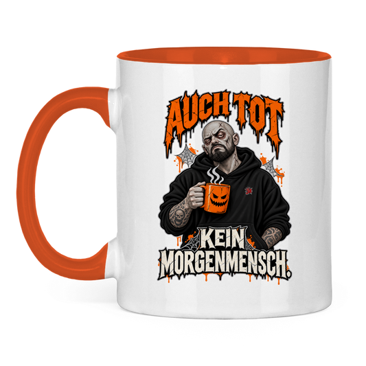 JA Morgenmuffel – Tasse in Orange, Vorderansicht, Aufdruck: Müder Zombie mit Kaffeetasse: „Auch tot. Kein Morgenmensch.“