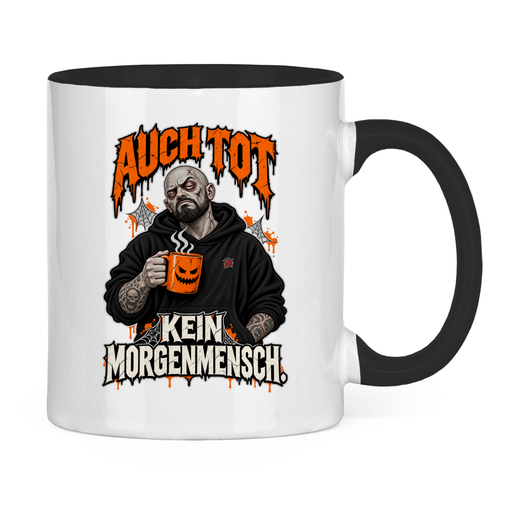 JA Morgenmuffel – Tasse in Schwarz, Rückansicht, ebenfalls bedruckt