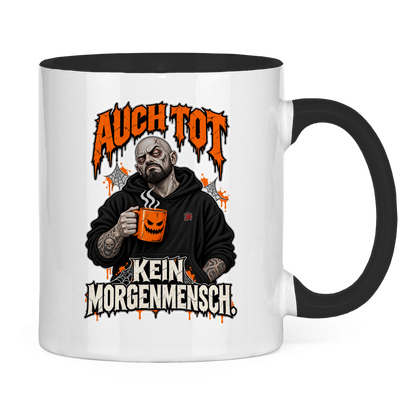 JA Morgenmuffel – Tasse in Schwarz, Rückansicht, ebenfalls bedruckt