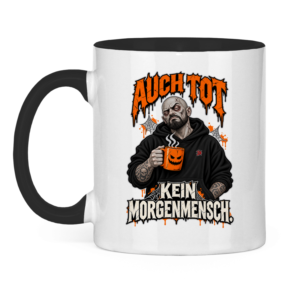 JA Morgenmuffel – Tasse in Schwarz, Vorderansicht, Aufdruck: Müder Zombie mit Kaffeetasse: „Auch tot. Kein Morgenmensch.“