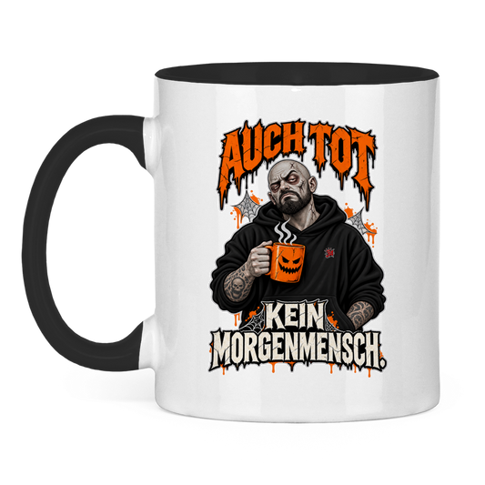 JA Morgenmuffel – Tasse in Schwarz, Vorderansicht, Aufdruck: Müder Zombie mit Kaffeetasse: „Auch tot. Kein Morgenmensch.“