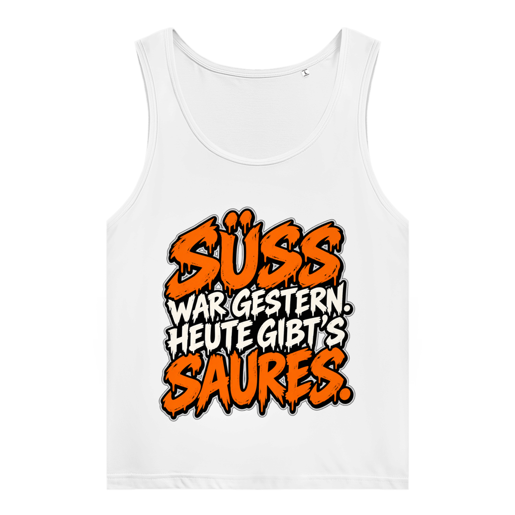 JA Saures – Damen-Bio-Tanktop in Weiß, Vorderansicht, Frontdruck: Süß war gestern, heute gibt’s Saures: freches Halloween-Statement in Orange