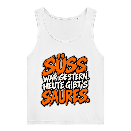 JA Saures – Damen-Bio-Tanktop in Weiß, Vorderansicht, Frontdruck: Süß war gestern, heute gibt’s Saures: freches Halloween-Statement in Orange