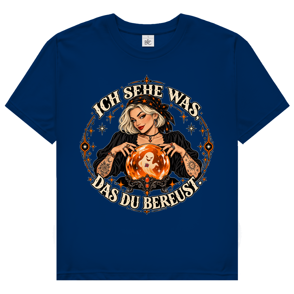 JA Orakel – Damen-T-Shirt in Marineblau, Vorderansicht, Frontdruck: Wahrsagerin mit Kristallkugel und Spruch „Ich sehe was, das du bereust“