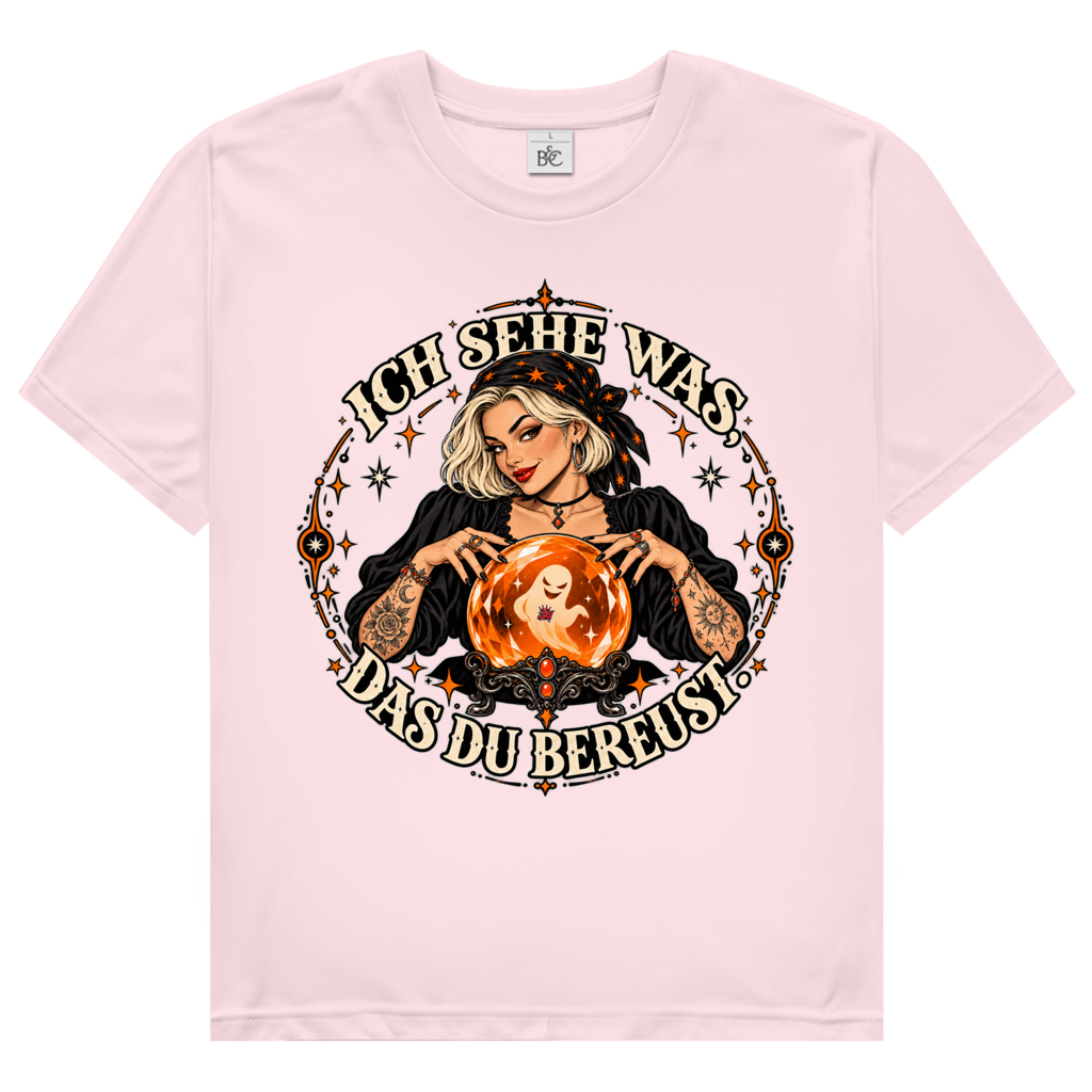 JA Orakel – Damen-T-Shirt in Orchideenrosa, Vorderansicht, Frontdruck: Wahrsagerin mit Kristallkugel und Spruch „Ich sehe was, das du bereust“