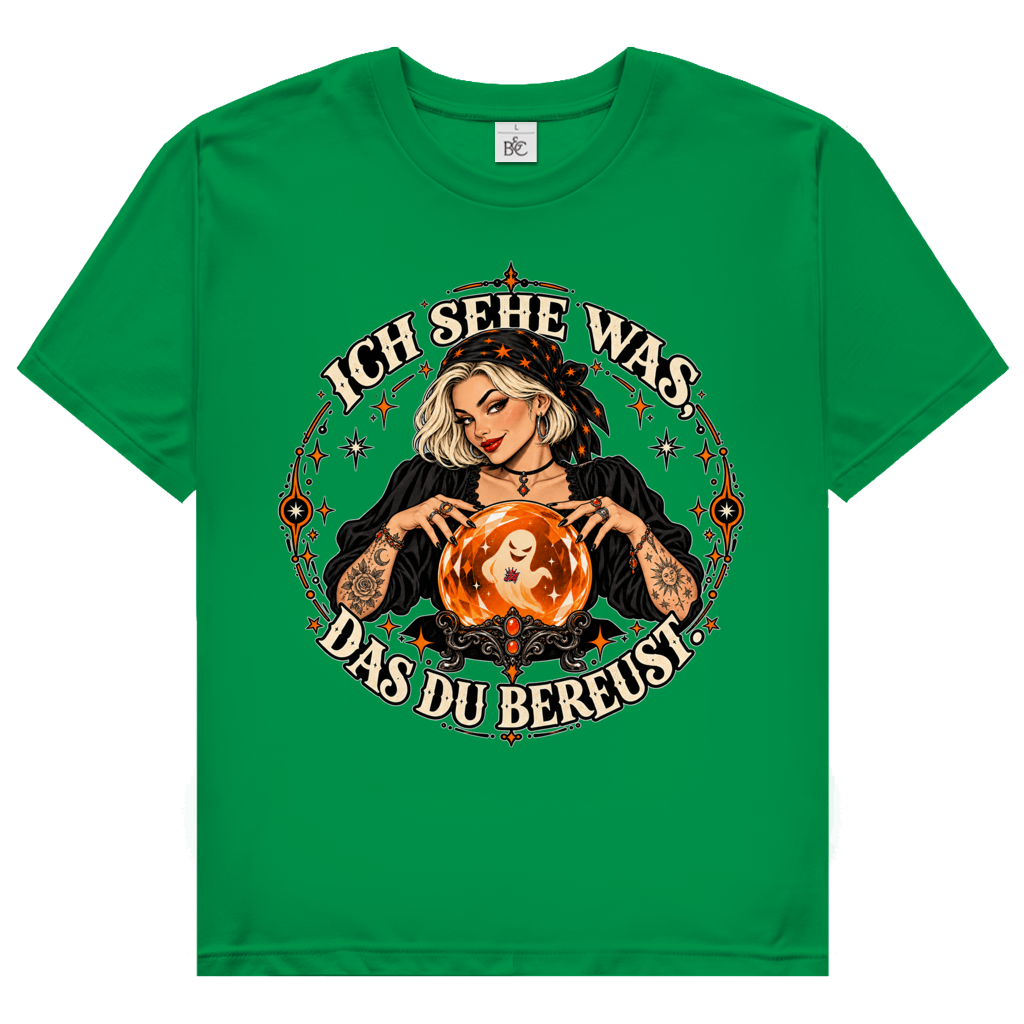 JA Orakel – Damen-T-Shirt in Kellygrün, Vorderansicht, Frontdruck: Wahrsagerin mit Kristallkugel und Spruch „Ich sehe was, das du bereust“