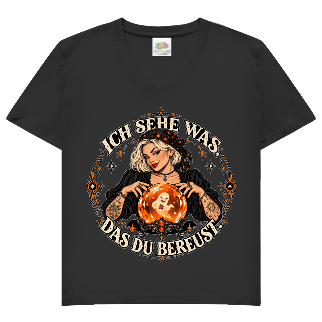 JA Orakel – Damen-V-Neck-Shirt in Schwarz, Vorderansicht, Frontdruck: Wahrsagerin mit Kristallkugel und Spruch „Ich sehe was, das du bereust“