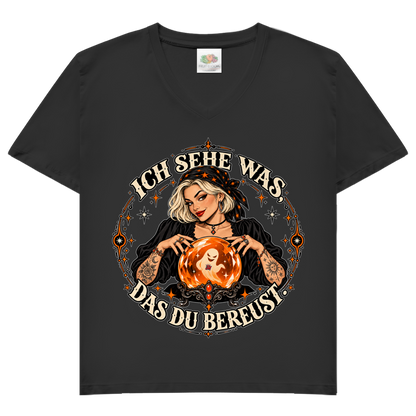 JA Orakel – Damen-V-Neck-Shirt in Schwarz, Vorderansicht, Frontdruck: Wahrsagerin mit Kristallkugel und Spruch „Ich sehe was, das du bereust“