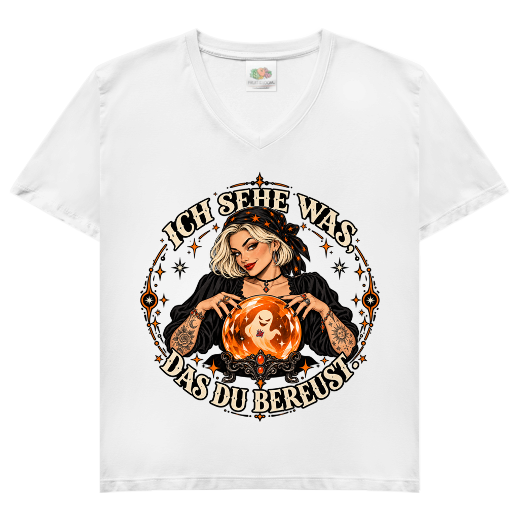 JA Orakel – Damen-V-Neck-Shirt in Weiß, Vorderansicht, Frontdruck: Wahrsagerin mit Kristallkugel und Spruch „Ich sehe was, das du bereust“