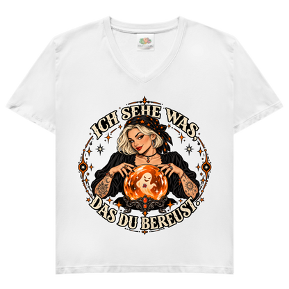 JA Orakel – Damen-V-Neck-Shirt in Weiß, Vorderansicht, Frontdruck: Wahrsagerin mit Kristallkugel und Spruch „Ich sehe was, das du bereust“