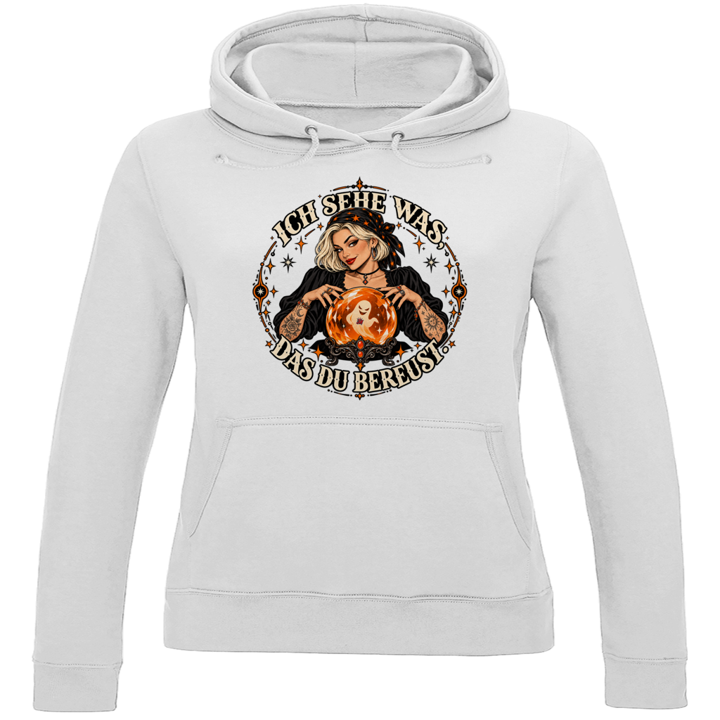 JA Orakel – Damen-Hoodie in Arktisweiß, Vorderansicht, Frontdruck: Wahrsagerin mit Kristallkugel und Spruch „Ich sehe was, das du bereust“