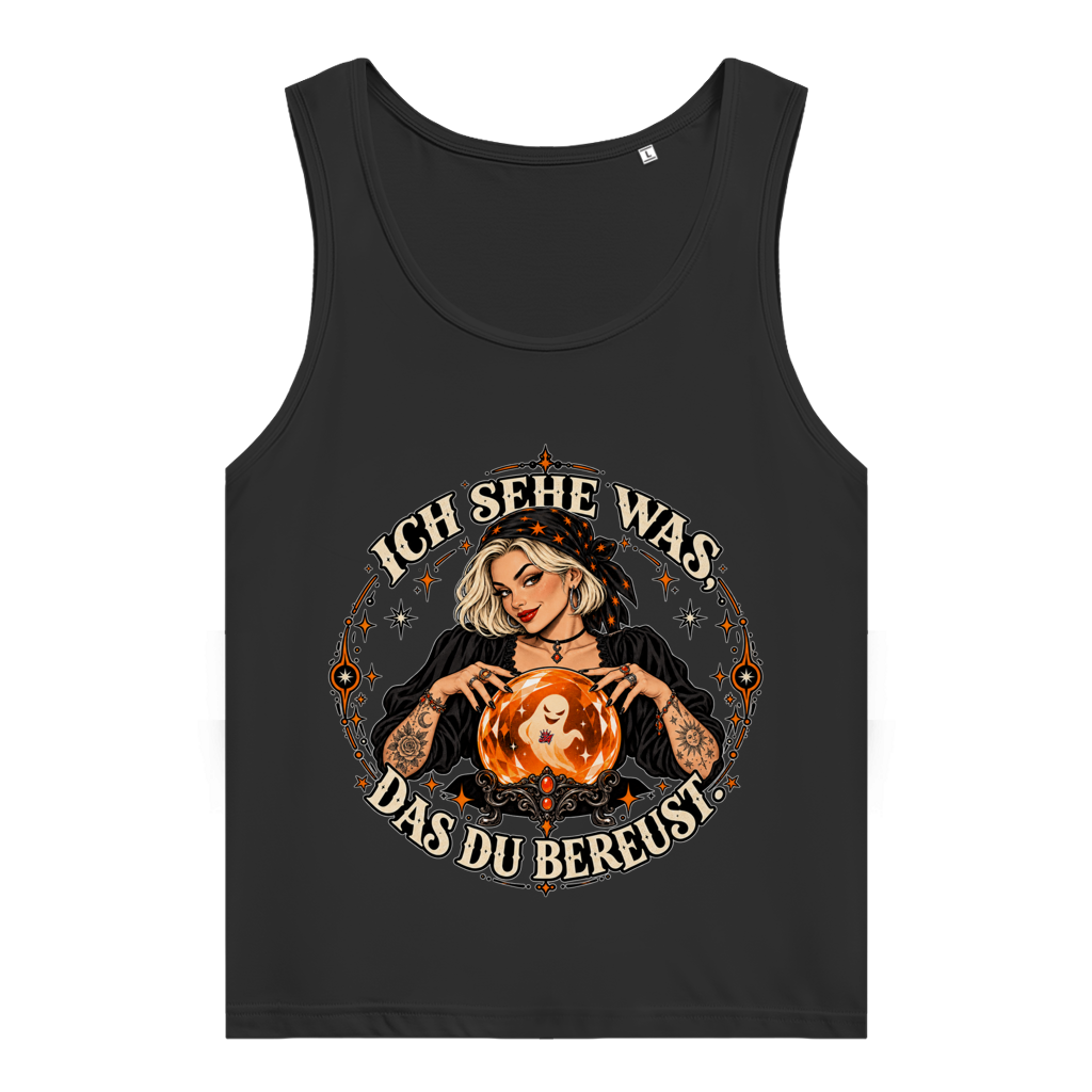 JA Orakel – Damen-Bio-Tanktop in Schwarz, Vorderansicht, Frontdruck: Wahrsagerin mit Kristallkugel und Spruch „Ich sehe was, das du bereust“