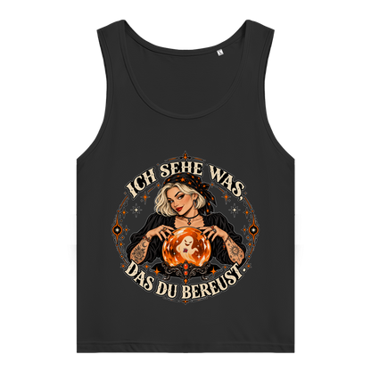 JA Orakel – Damen-Bio-Tanktop in Schwarz, Vorderansicht, Frontdruck: Wahrsagerin mit Kristallkugel und Spruch „Ich sehe was, das du bereust“