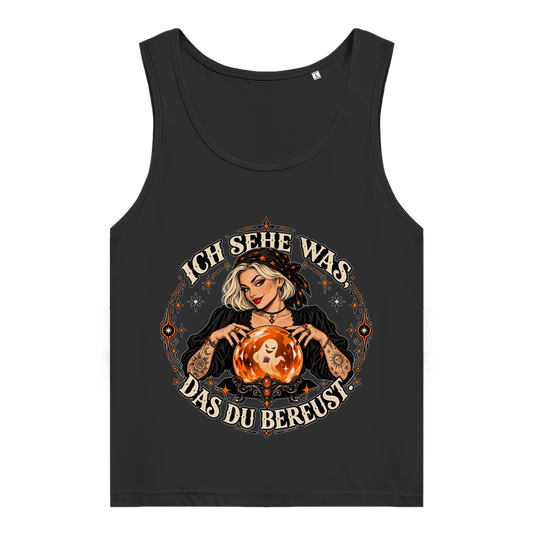 JA Orakel – Damen-Bio-Tanktop in Schwarz, Vorderansicht, Frontdruck: Wahrsagerin mit Kristallkugel und Spruch „Ich sehe was, das du bereust“