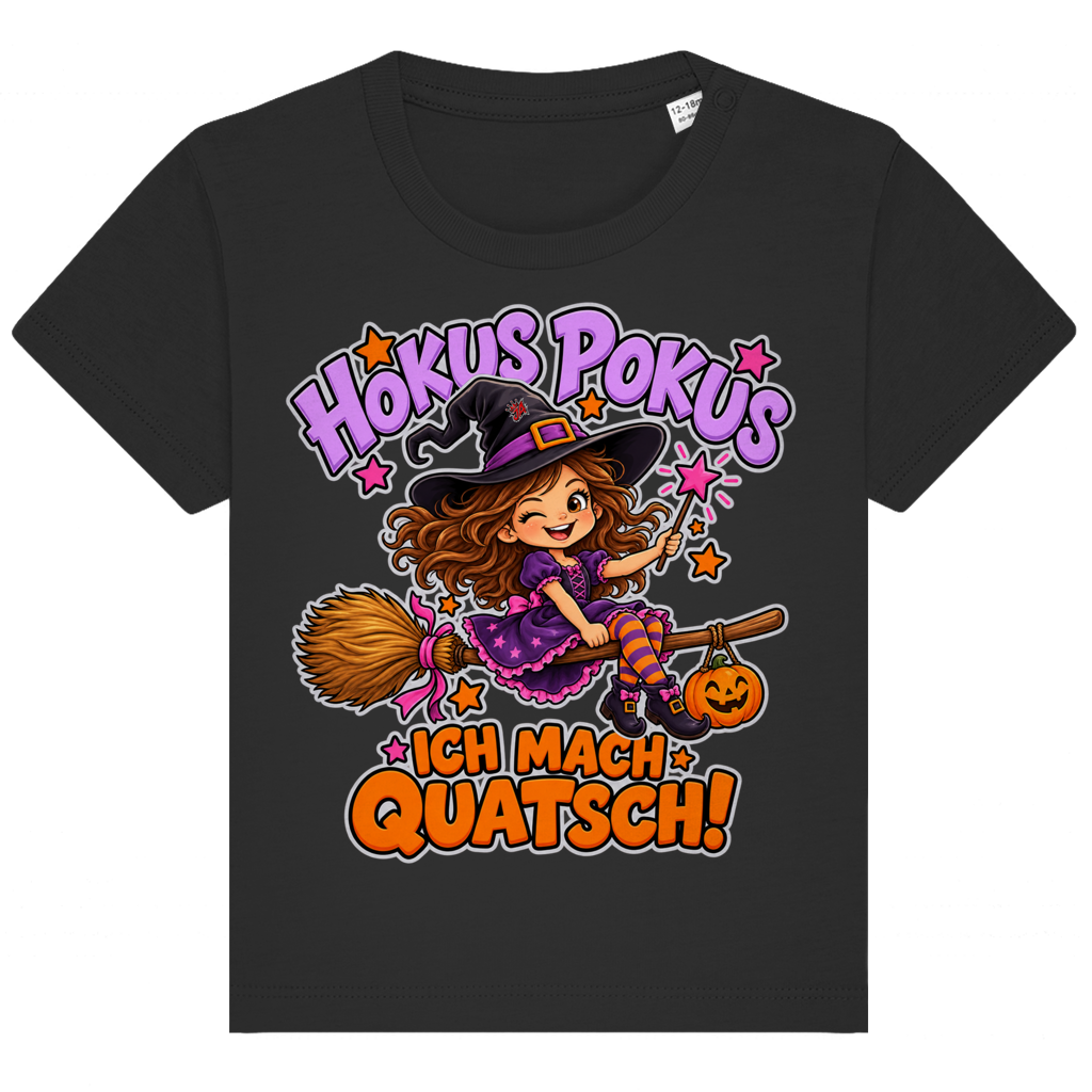 JA Quatschhexe – Baby-T-Shirt in Schwarz, Vorderansicht, Frontdruck: Kleine Hexe auf dem Besen: „Hokus Pokus – ich mach Quatsch!“