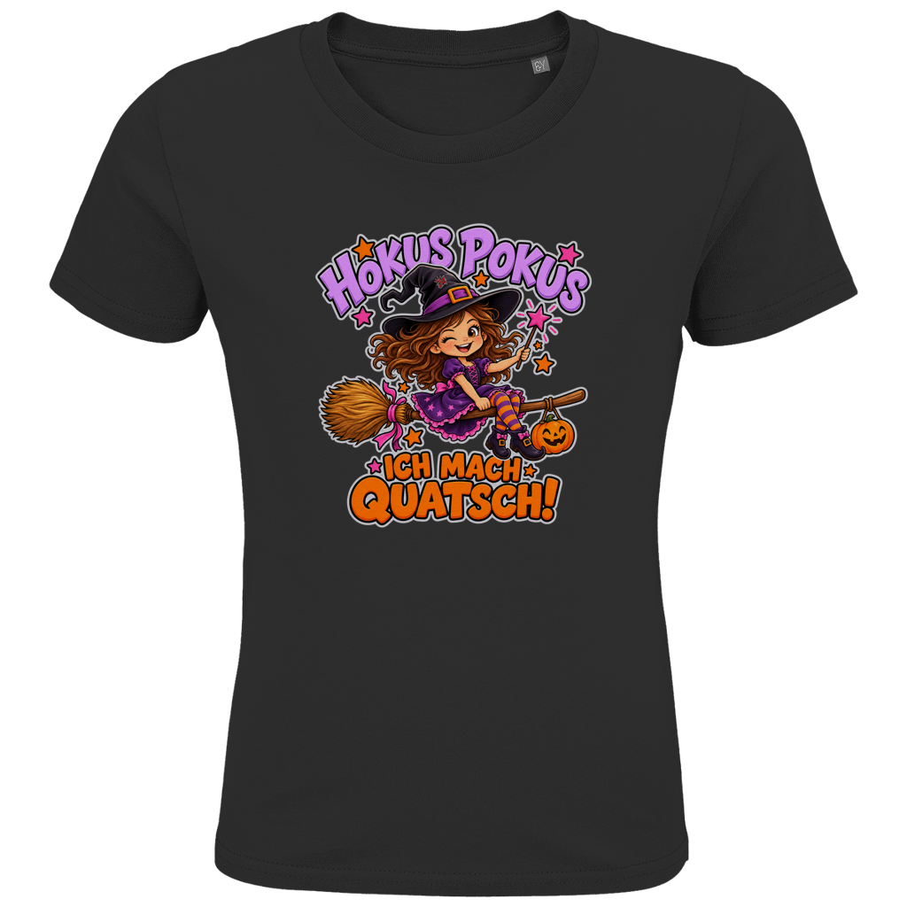 JA Quatschhexe – Kinder-T-Shirt in Schwarz, Vorderansicht, Frontdruck: Kleine Hexe auf dem Besen: „Hokus Pokus – ich mach Quatsch!“