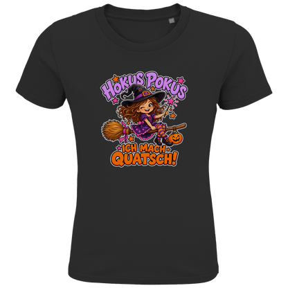 JA Quatschhexe – Kinder-T-Shirt in Schwarz, Vorderansicht, Frontdruck: Kleine Hexe auf dem Besen: „Hokus Pokus – ich mach Quatsch!“