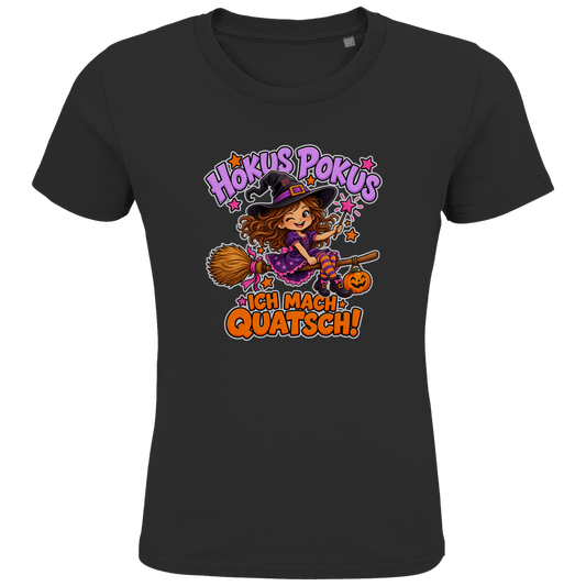 JA Quatschhexe – Kinder-T-Shirt in Schwarz, Vorderansicht, Frontdruck: Kleine Hexe auf dem Besen: „Hokus Pokus – ich mach Quatsch!“