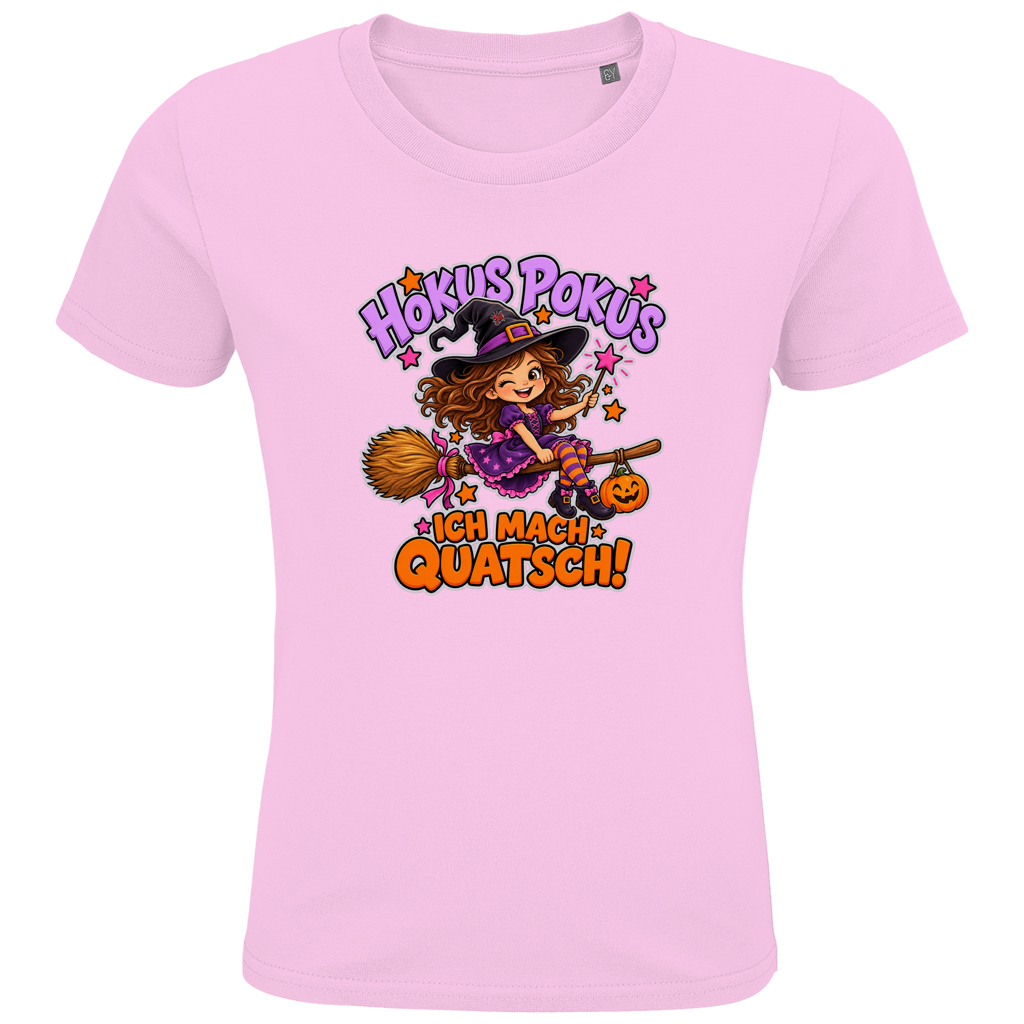 JA Quatschhexe – Kinder-T-Shirt in Zartrosa, Vorderansicht, Frontdruck: Kleine Hexe auf dem Besen: „Hokus Pokus – ich mach Quatsch!“