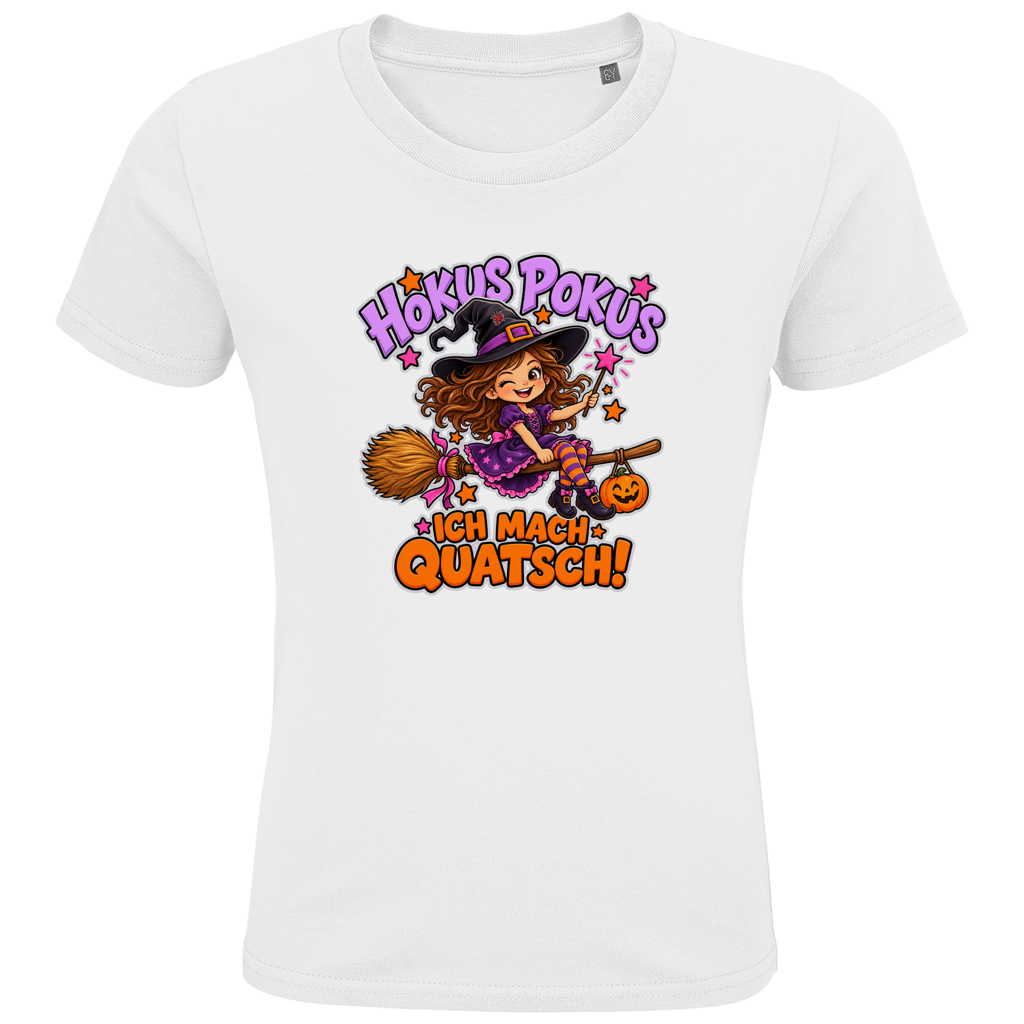 JA Quatschhexe – Kinder-T-Shirt in Weiß, Vorderansicht, Frontdruck: Kleine Hexe auf dem Besen: „Hokus Pokus – ich mach Quatsch!“