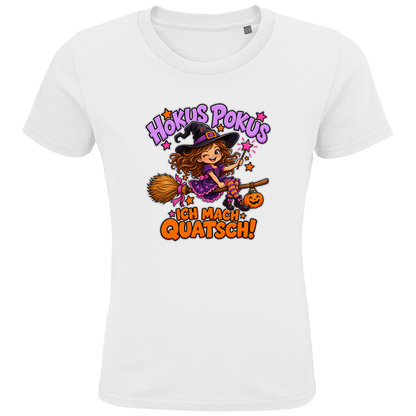 JA Quatschhexe – Kinder-T-Shirt in Weiß, Vorderansicht, Frontdruck: Kleine Hexe auf dem Besen: „Hokus Pokus – ich mach Quatsch!“