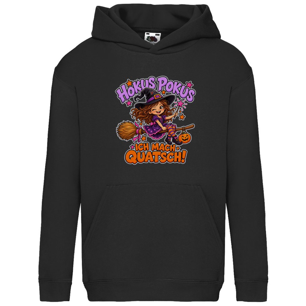 JA Quatschhexe – Kinder-Hoodie in Schwarz, Vorderansicht, Frontdruck: Kleine Hexe auf dem Besen: „Hokus Pokus – ich mach Quatsch!“