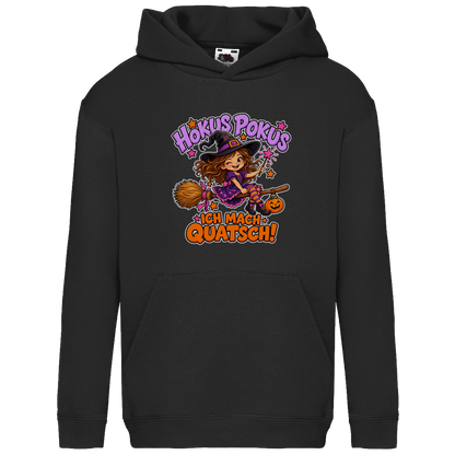 JA Quatschhexe – Kinder-Hoodie in Schwarz, Vorderansicht, Frontdruck: Kleine Hexe auf dem Besen: „Hokus Pokus – ich mach Quatsch!“