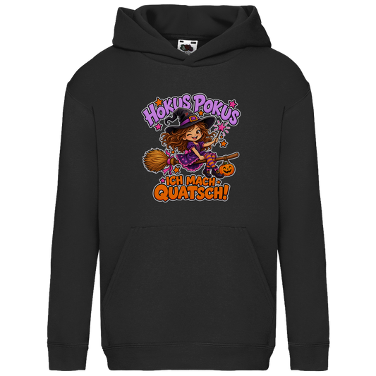 JA Quatschhexe – Kinder-Hoodie in Schwarz, Vorderansicht, Frontdruck: Kleine Hexe auf dem Besen: „Hokus Pokus – ich mach Quatsch!“