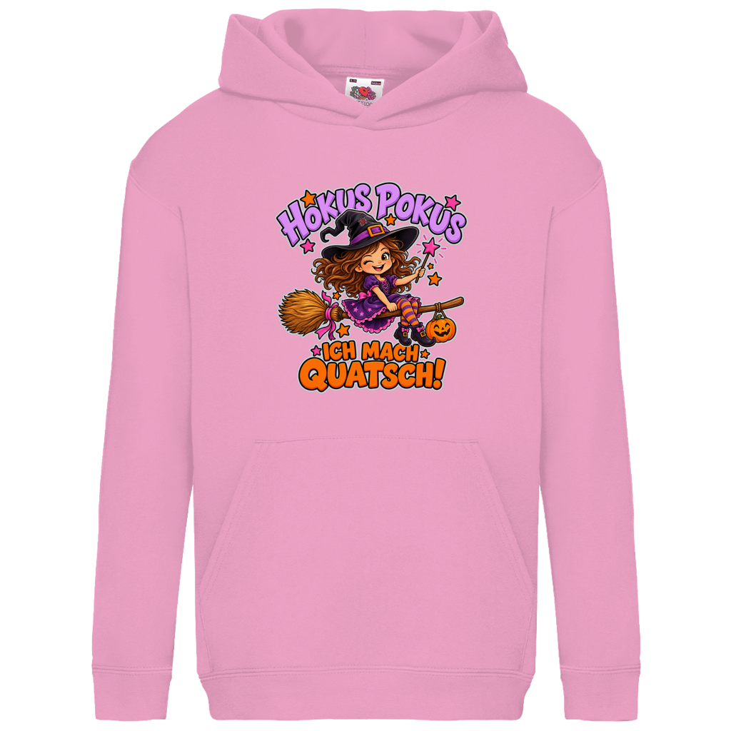 JA Quatschhexe – Kinder-Hoodie in Hellrosa, Vorderansicht, Frontdruck: Kleine Hexe auf dem Besen: „Hokus Pokus – ich mach Quatsch!“