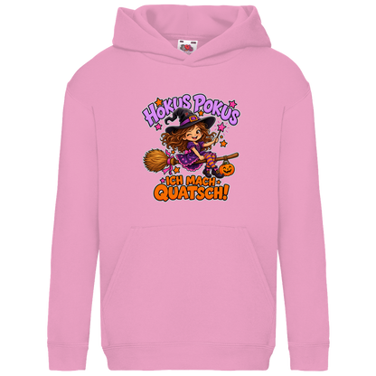 JA Quatschhexe – Kinder-Hoodie in Hellrosa, Vorderansicht, Frontdruck: Kleine Hexe auf dem Besen: „Hokus Pokus – ich mach Quatsch!“