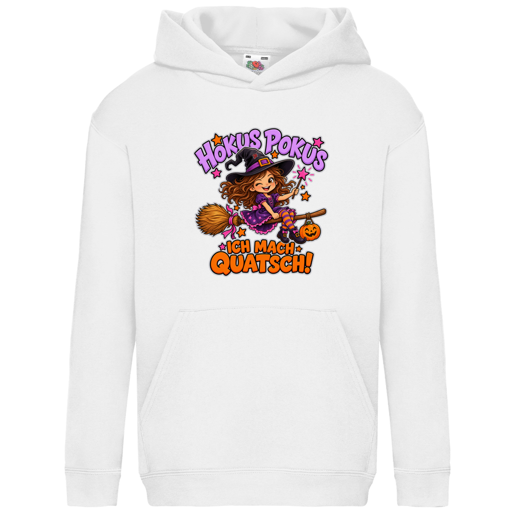 JA Quatschhexe – Kinder-Hoodie in Weiß, Vorderansicht, Frontdruck: Kleine Hexe auf dem Besen: „Hokus Pokus – ich mach Quatsch!“