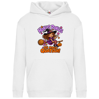 JA Quatschhexe – Kinder-Hoodie in Weiß, Vorderansicht, Frontdruck: Kleine Hexe auf dem Besen: „Hokus Pokus – ich mach Quatsch!“
